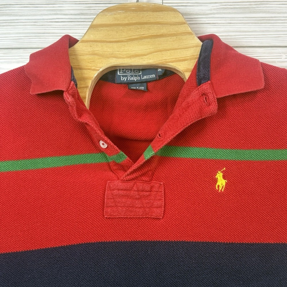 Vintage Polo Ralph Lauren French Terry Rugby Striped Red Collard Shirt Size Medi